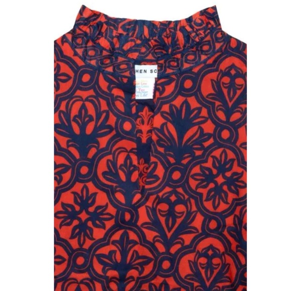 GRETCHEN SCOTT Cotton Teardrop Dress in Wall of Secrets Print Navy/Tomato - Picture 2 of 12